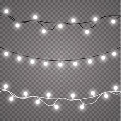 Wall Mural - Glowing lights for holidays. Transparent glowing garland. White glowing lights for greeting card design. Garlands, Christmas decorations


