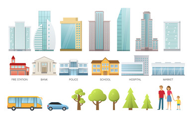 City life Infographic set with buildings and modern city houses, family, cars, trees flat vector icons.