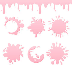 Wall Mural - Set of natural dairy products, pink yogurt or cream blots and splash, dripping liquid seamles. Vector design template for packaging and advertising.