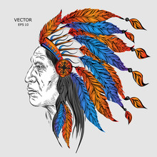 Man In The Native American Indian Chief. Black Roach. Indian Feather Headdress Of Eagle. Hand Draw Vector Illustration