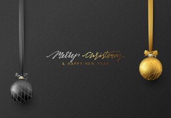 christmas background with shining gold and black ball. lettering merry christmas card vector illustr