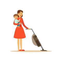 Poster - Super mom character with child, vacuuming