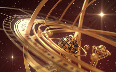 Wall Mural - armillary sphere and stars on red background
