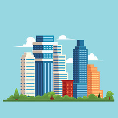 Wall Mural - vector flat cartoon cityscape with different buildings. Skyscrapers, office centers shopping mall and city apartments houses. Illustration on light blue background