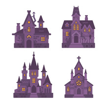 Four Halloween Buildings Flat Illustration. Witch Hut, Haunted House, Vampire Castle And Cemetery Chapel. Dark Gothic Fantasy Houses On White Background