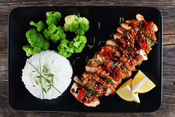 Canvas Print - teriyaki chicken meat with rice, broccoli