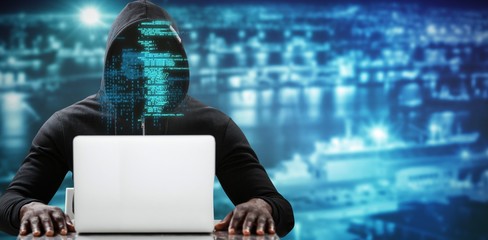 Poster - Composite image of male hacker using laptop on table