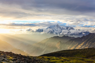 Sunlights on mountains during sunset at Rush Lake, Pakistain