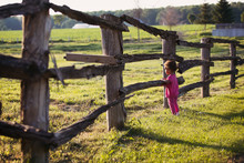 Toddler Girl Standing And Looking Past Old Farm Log Fence