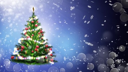 Wall Mural - 3d illustration of green Christmas tree over blue background with snowflakes and red balls