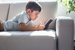 © Louis-Paul Photo - Little boy with digital tablet sitting on sofa, on home interior background