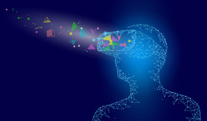 Low poly virtual reality helmet. Future innovation technology fantasy. Polygonal triangle connected dots geometric point line vr headset glass device concept blue vector illustration