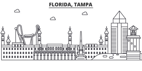 Wall Mural - Florida, Tampa architecture line skyline illustration. Linear vector cityscape with famous landmarks, city sights, design icons. Editable strokes