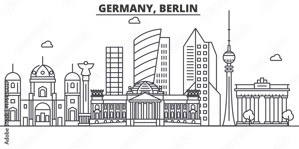 Germany, Berlin architecture line skyline illustration. Linear vector cityscape with famous landmarks, city sights, design icons. Editable strokes - obrazy, fototapety, plakaty 