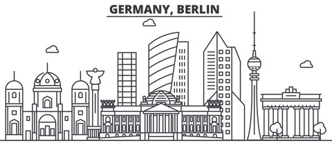Wall Mural - Germany, Berlin architecture line skyline illustration. Linear vector cityscape with famous landmarks, city sights, design icons. Editable strokes