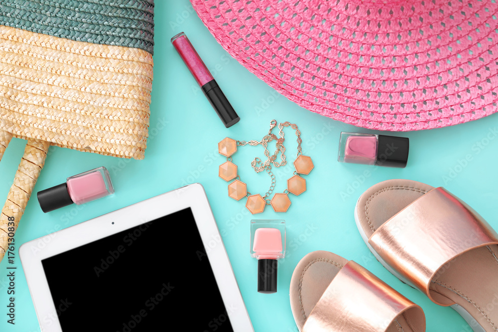 Composition with female shoes, cosmetics and accessories on color background. Beauty blogger concept
