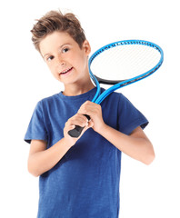 Wall Mural - Cute little boy with tennis racket on white background