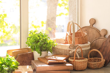 Canvas Print - Different wooden boards on window sill in kitchen