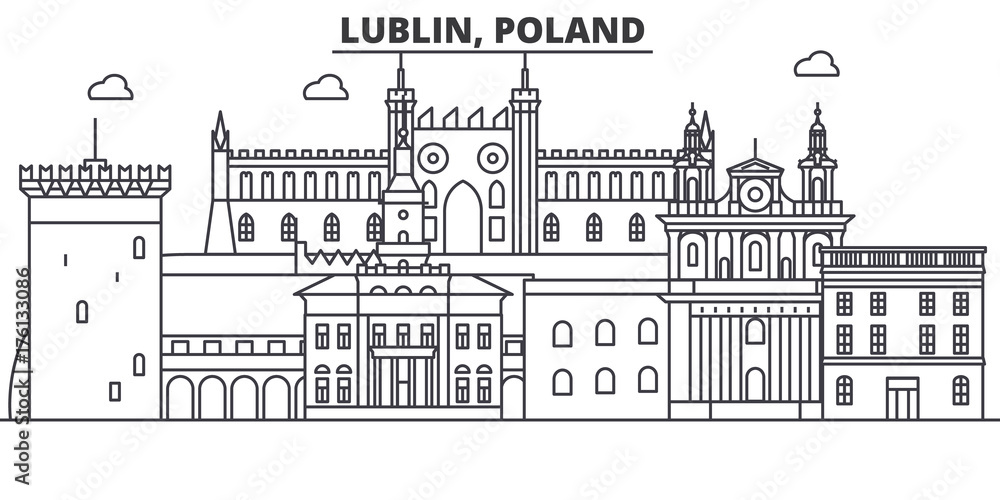Poland, Lublin architecture line skyline illustration. Linear vector cityscape with famous landmarks, city sights, design icons. Editable strokes - obrazy, fototapety, plakaty 