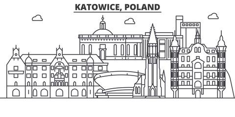 Wall Mural - Poland, Katowice architecture line skyline illustration. Linear vector cityscape with famous landmarks, city sights, design icons. Editable strokes