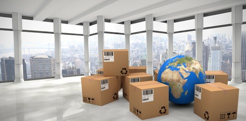 Canvas Print - Composite image of blue globe with boxes