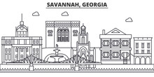 Savannah, Georgia Architecture Line Skyline Illustration. Linear Vector Cityscape With Famous Landmarks, City Sights, Design Icons. Editable Strokes