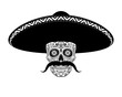 Stencil moustached Sugar skull in sombrero black and white