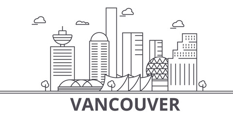 Wall Mural - Vancouver architecture line skyline illustration. Linear vector cityscape with famous landmarks, city sights, design icons. Editable strokes