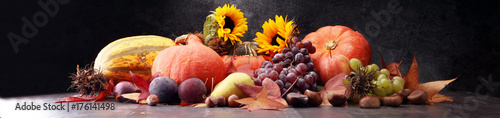 Autumn harvest seasonal fruits and vegetables on grey background. © beats_
