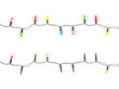 © artissp - Christmas light bulbs on strings turned on and off in multi colours; blue, yellow, red, pink and green isolated on white background, Xmas holiday decoration concept (flat lay, Clipping Paths included)