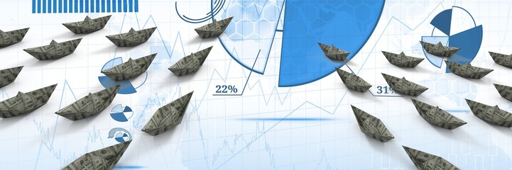 Wall Mural - Group of dollar money Paper boats on charts