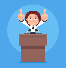 Angry business woman office worker politician character speaking from rostrum and showing middle finger. Vector flat cartoon illustration