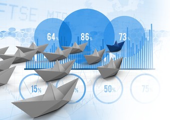 Canvas Print - Paper boats with bar charts statistics