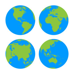 Wall Mural - Set of four planet Earth globes with green land silhouette map on blue water background. Simple flat vector illustration.
