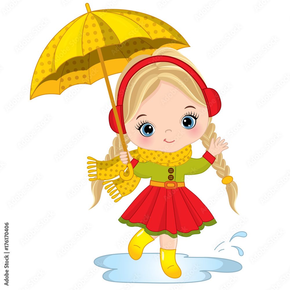 Vector Cute Little Girl with Umbrella Stock Vector | Adobe Stock