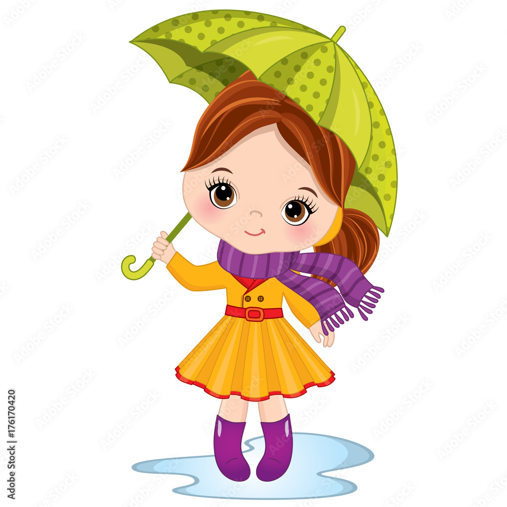 Vector Cute Little Girl with Umbrella Stock Vector | Adobe Stock