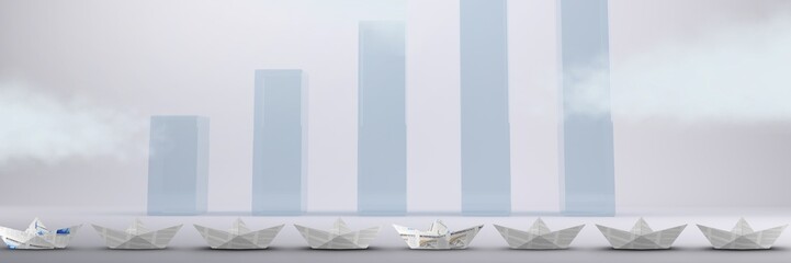 Canvas Print - Paper boats in line in room with bar charts