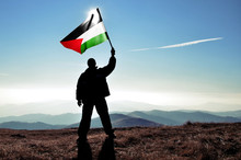 Successful Silhouette Man Winner Waving Palestine Flag On Top Of The Mountain Peak