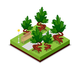 park road and bench isometric 3d icon. public park decorative plant and green grass vector illustrat