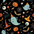 Halloween seamless pattern with hand drawn elements, ghosts and pumpkins, vector design 