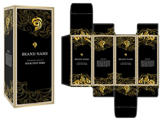 Wall Mural - Packaging design vector, black and gold luxury box template and mock-up box.