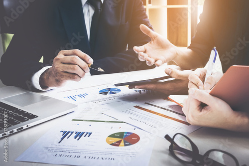 Fotografía Business team hands at working with financial plan, meeting, discussion, brainstrom with tablet on office desk, Meeting concept