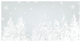 Fototapeta Las - Snowing forest background. Christmas trees and snowflakes on blue background. Vector Christmas and New Year postcard template.