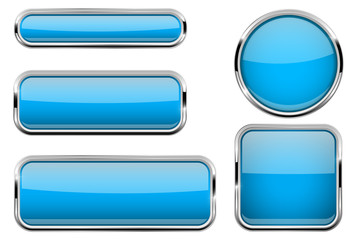 Blue buttons set. Glass icons with metal frame