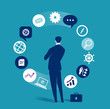 © bizvector - Business dilemma. Businessman looking at the rotating business icons. Concept business vector illustration