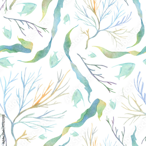Watercolor Underwater Pattern With Green Butterfly Fish Laminaria