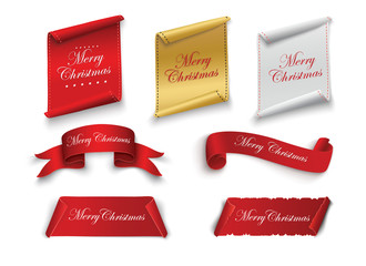Red realistic detailed curved paper Merry Christmas banner isolated on white background. Vector illustration.