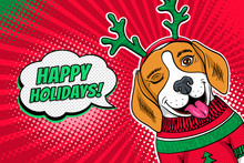 Wow Pop Art Dog Face. Funny Surprised Beagle In A Christmas Sweater And Deer Horns Winks And Happy Holidays Speech Bubble. Vector Christmas Illustration In Retro Comic Style. New Year Background.