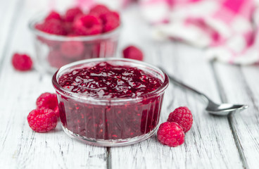 Canvas Print - Fresh made Raspberry Jam on a rustic background