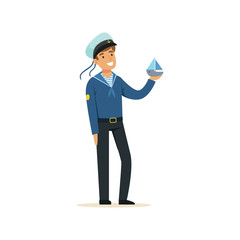 Poster - Sailor man character in blue uniform holding small boat vector Illustration